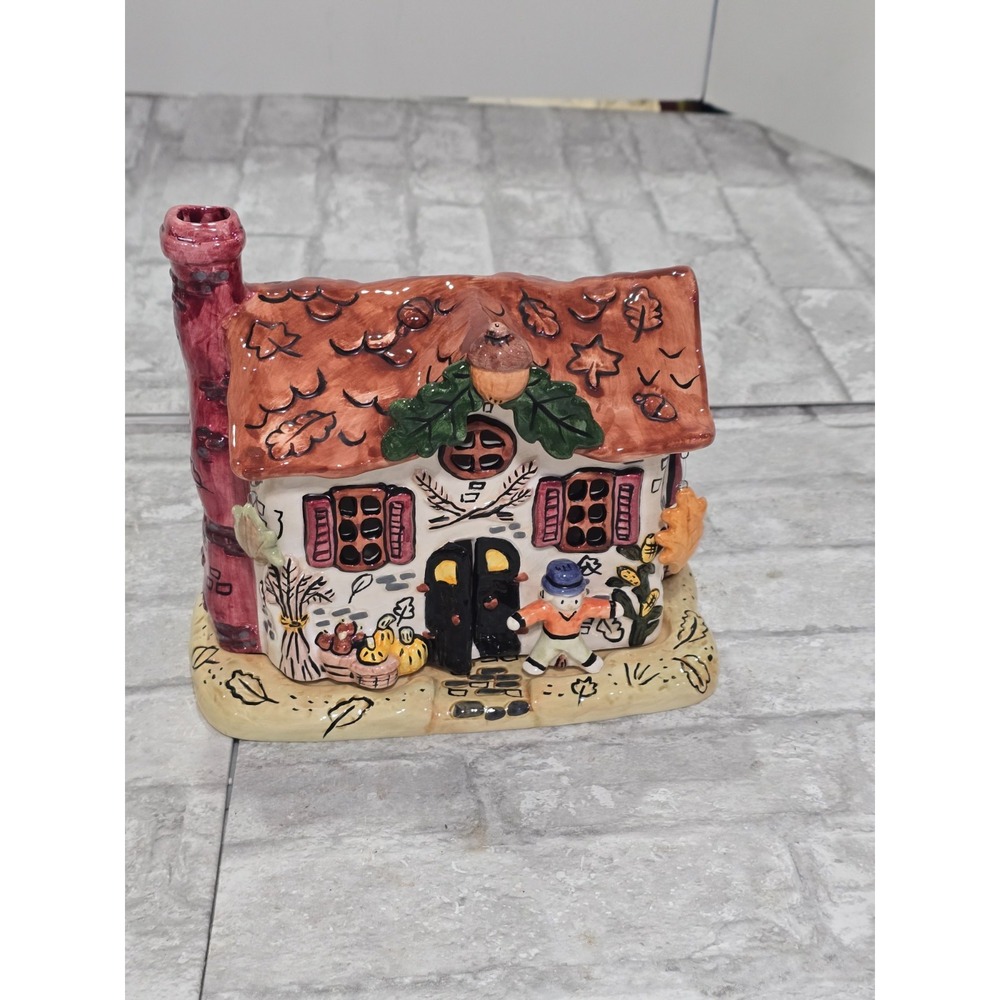 Russ Berrie Thanksgiving Fall House Porcelain Votive Hand Painted Autumn Theme